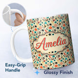 Personalized Custom Name Pop Art Geometric Seamless Pattern Stars Circles Vintage Style 11oz Ceramic Coffee Tea Mug White Large Handle
