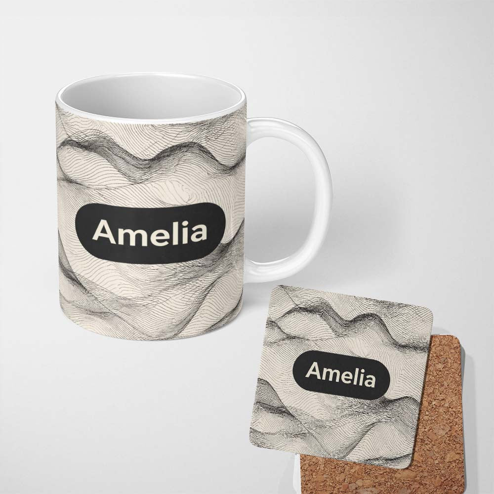 Personalized Custom Name Minimal Botanical Silhouettes Black Cream Leaf Pattern Lovely 11oz Ceramic Coffee Tea Mug White Large Handle
