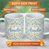 Personalized Custom Name Blue and Gold Classic Decorative Tile Pattern with Elegant Floral 11oz Ceramic Coffee Tea Mug White Large Handle