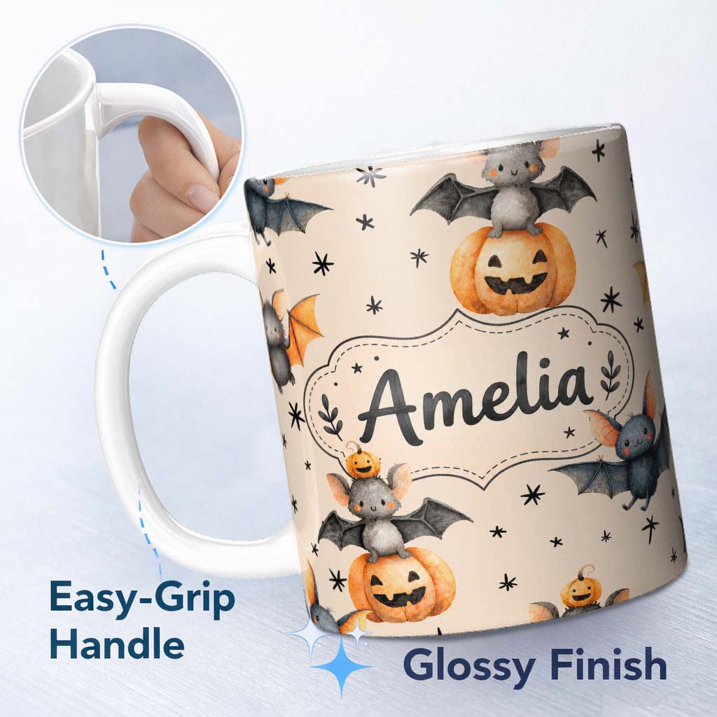 Personalized Custom Name Cute Halloween Bats Sitting on Pumpkins with Stars Beige Background 11oz Ceramic Coffee Tea Mug White Large Handle