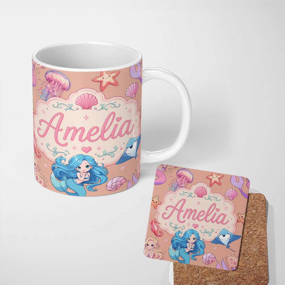 Personalized Custom Name Cute Blue Hair Mermaid Jellyfish Seahorse Peach Background Seamless 11oz Ceramic Coffee Tea Mug White Large Handle