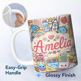 Personalized Custom Name Cute Kawaii School Supplies Science Art Cute Pattern Yellow Lovely 11oz Ceramic Coffee Tea Mug White Large Handle