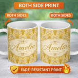 Personalized Custom Name Vintage Art Nouveau Dragonfly Floral Elegant Seamless Pattern Lovely 11oz Ceramic Coffee Tea Mug White Large Handle