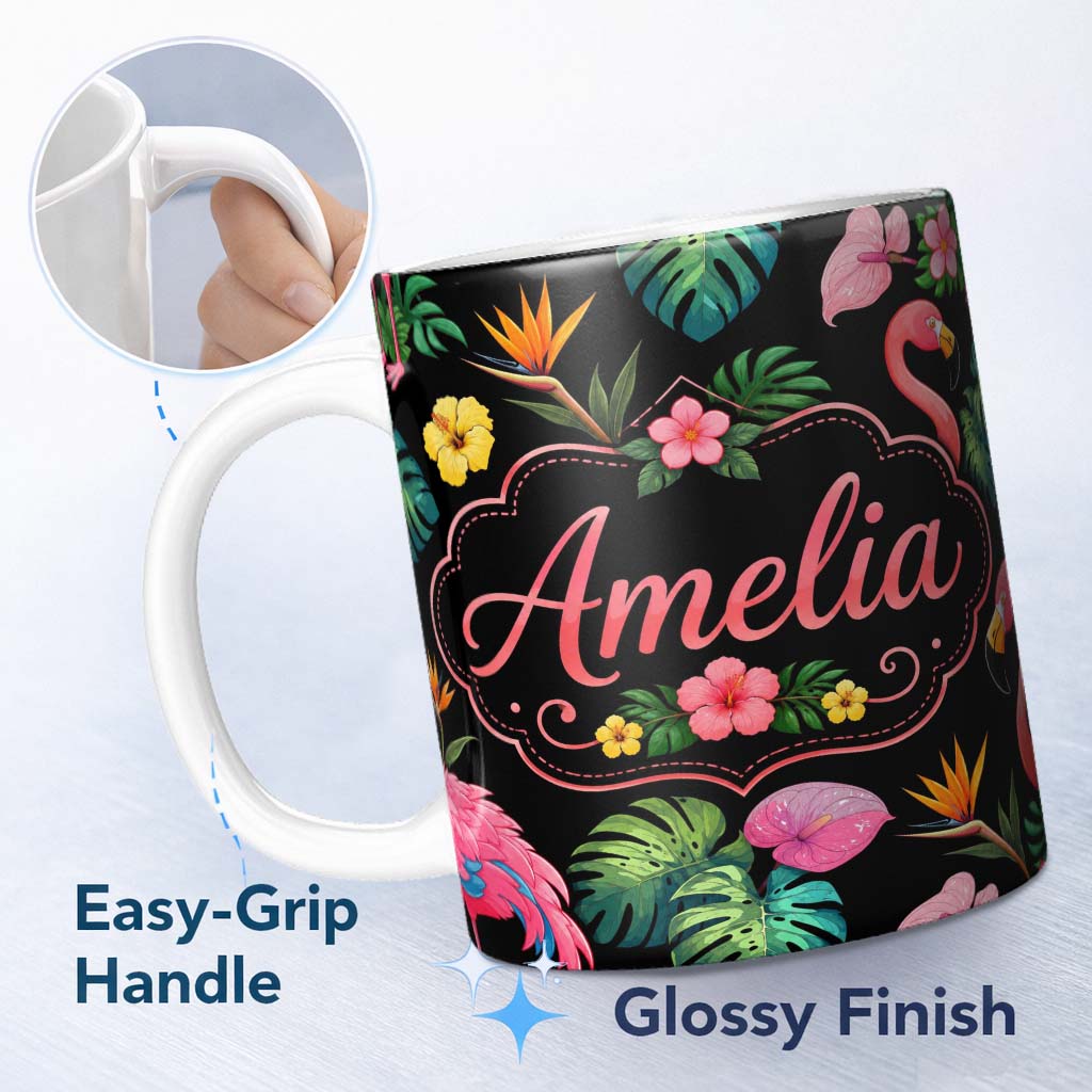 Personalized Custom Name Tropical Flamingo Bird with Exotic Flowers Leaves Pattern Black 11oz Ceramic Coffee Tea Mug White Large Handle