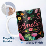 Personalized Custom Name Tropical Flamingo Bird with Exotic Flowers Leaves Pattern Black 11oz Ceramic Coffee Tea Mug White Large Handle