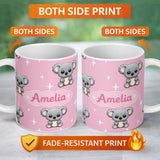 Personalized Custom Name Cute Cartoon Koala Bears with White Stars on Rose Pink Background 11oz Ceramic Coffee Tea Mug White Large Handle
