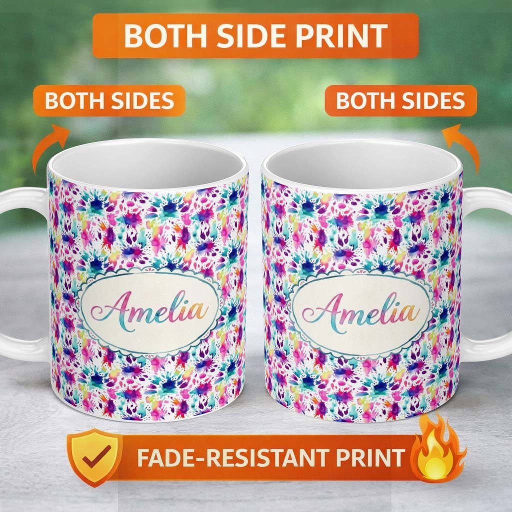Personalized Custom Name Bright Rainbow Watercolor Splash Vibrant Artistic Seamless Pattern 11oz Ceramic Coffee Tea Mug White Large Handle