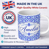 Personalized Custom Name Blue Kaleidoscope Floral Tile Seamless Pattern Symmetrical Geometric 11oz Ceramic Coffee Tea Mug White Large Handle