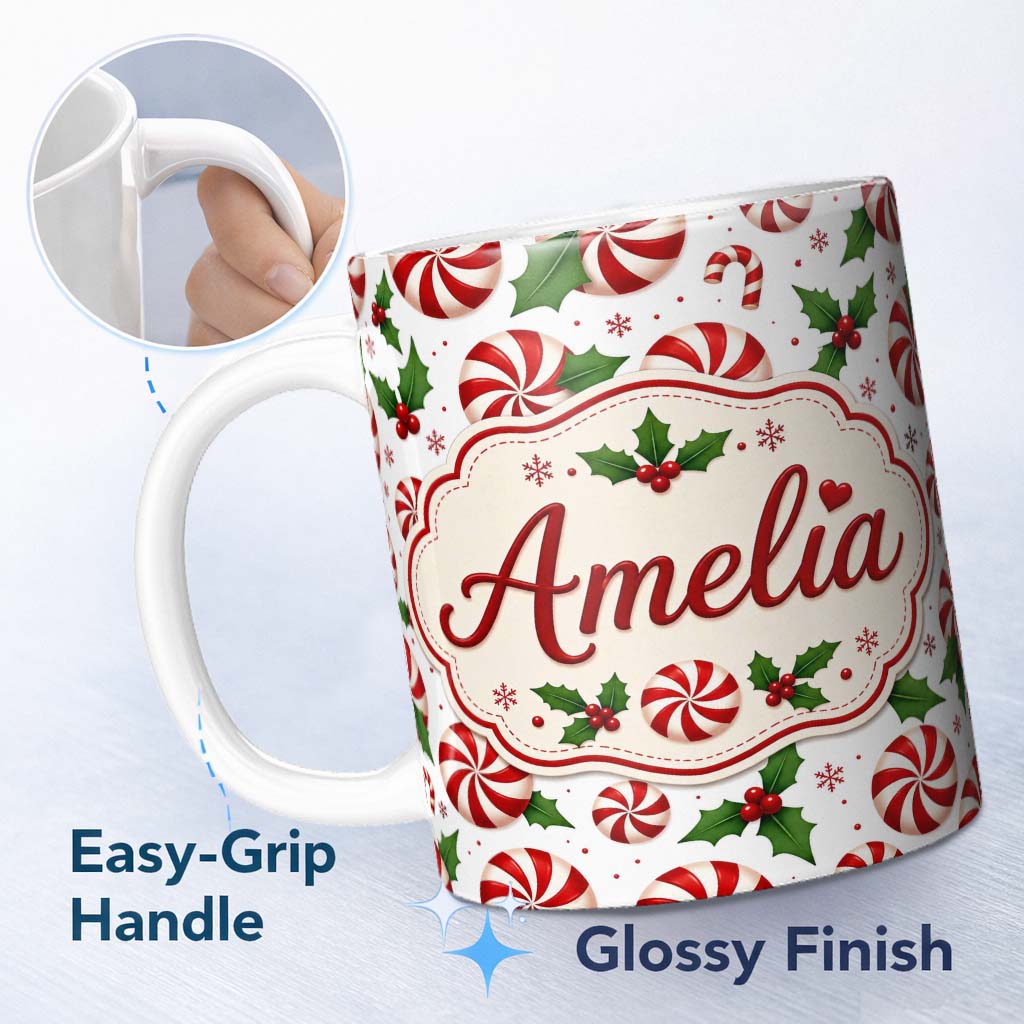 Personalized Custom Name Red White Peppermint Candy Swirl Holly Seamless Pattern Lovely 11oz Ceramic Coffee Tea Mug White Large Handle