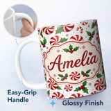 Personalized Custom Name Red White Peppermint Candy Swirl Holly Seamless Pattern Lovely 11oz Ceramic Coffee Tea Mug White Large Handle
