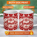 Personalized Custom Name Knitted Nordic Snowflake Christmas Tree Red Seamless Pattern Lovely 11oz Ceramic Coffee Tea Mug White Large Handle