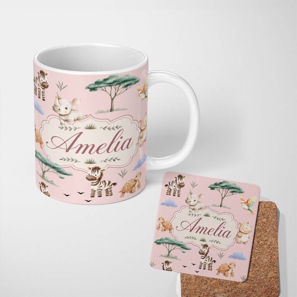 Personalized Custom Name Cute Safari Animals Zebra Rhino Turtle Soft Pink Seamless Pattern 11oz Ceramic Coffee Tea Mug White Large Handle