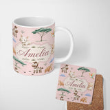 Personalized Custom Name Cute Safari Animals Zebra Rhino Turtle Soft Pink Seamless Pattern 11oz Ceramic Coffee Tea Mug White Large Handle