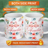 Personalized Custom Name Elegant Pink Flamingos Tropical Flowers on Pale Grey Background 11oz Ceramic Coffee Tea Mug White Large Handle