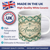 Personalized Custom Name Vintage Distressed Moroccan Tile Green and Cream Seamless Pattern 11oz Ceramic Coffee Tea Mug White Large Handle
