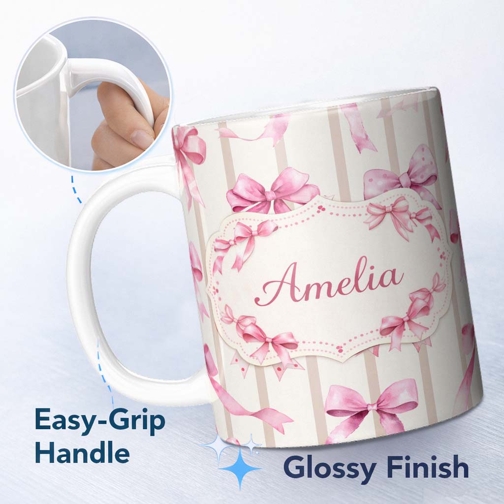 Personalized Custom Name Watercolor Pink Ribbon Bow with Neutral Beige Stripes Background 11oz Ceramic Coffee Tea Mug White Large Handle