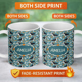Personalized Custom Name Colorful Puffin Bird and Wildflower Meadow Seamless Pattern Lovely 11oz Ceramic Coffee Tea Mug White Large Handle