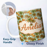 Personalized Custom Name Tropical Palm Tree Summer Beach Seamless Pattern on Mint Background 11oz Ceramic Coffee Tea Mug White Large Handle