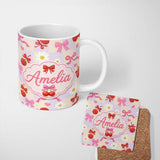 Personalized Custom Name Cute Cherry Bow Daisy Heart Seamless Pattern on Pastel Lilac Gingham 11oz Ceramic Coffee Tea Mug White Large Handle