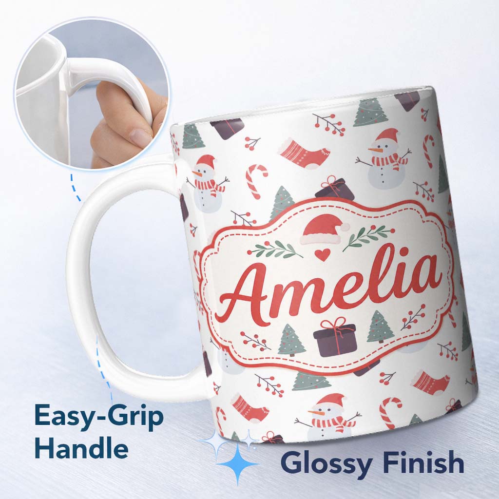 Personalized Custom Name Cute Snowman Christmas Tree Candy Cane Seamless Pattern Lovely 11oz Ceramic Coffee Tea Mug White Large Handle