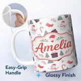Personalized Custom Name Cute Snowman Christmas Tree Candy Cane Seamless Pattern Lovely 11oz Ceramic Coffee Tea Mug White Large Handle