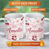 Personalized Custom Name Cute Cherry and Daisy Flowers with Pink Ribbon Bows Neutral Check 11oz Ceramic Coffee Tea Mug White Large Handle