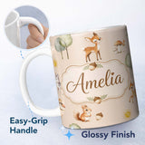 Personalized Custom Name Cute Woodland Deer Fox Mushroom Seamless Pattern on Warm Beige 11oz Ceramic Coffee Tea Mug White Large Handle