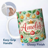 Personalized Custom Name Colorful Christmas Baubles Star Pine Candy Cane Seamless Pattern 11oz Ceramic Coffee Tea Mug White Large Handle