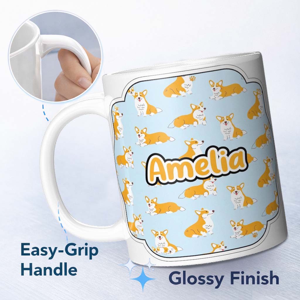 Personalized Custom Name Cute Corgi Dogs Blue Background Playful Seamless Pattern Lovely 11oz Ceramic Coffee Tea Mug White Large Handle