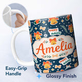 Personalized Custom Name Happy Holiday Bells Gift Box Snowflakes Winter Festive Seamless 11oz Ceramic Coffee Tea Mug White Large Handle