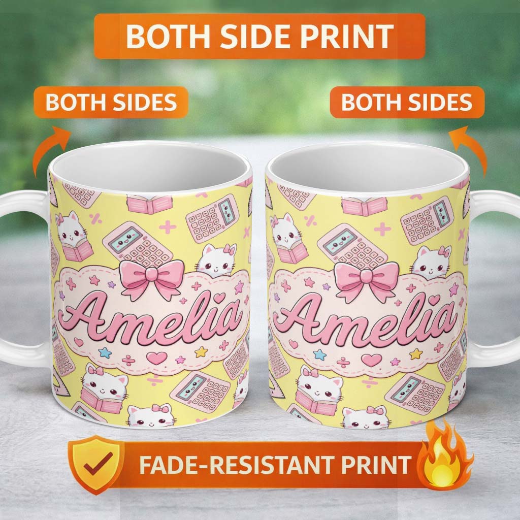 Personalized Custom Name Cute Kawaii Maths Cat Calculator Ruler Seamless Pattern Yellow 11oz Ceramic Coffee Tea Mug White Large Handle