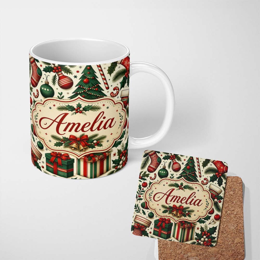 Personalized Custom Name Festive Christmas Tree Holly Berries Stockings Candy Cane Seamless 11oz Ceramic Coffee Tea Mug White Large Handle