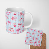 Personalized Custom Name Watercolor Pink Cherry Ribbon Bow Blue Vertical Stripe Background 11oz Ceramic Coffee Tea Mug White Large Handle