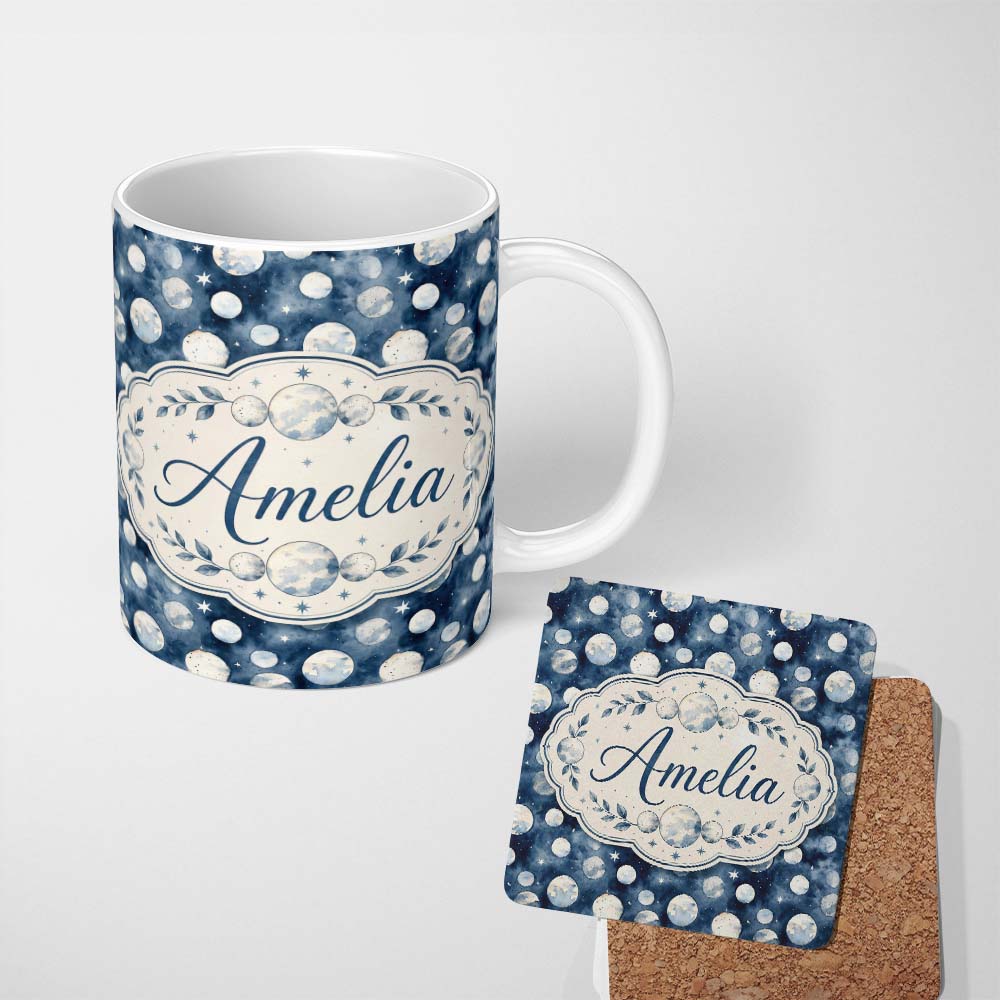 Personalized Custom Name Blue Galaxy Moon Phases and Stars Seamless Pattern Cute Unique Gift 11oz Ceramic Coffee Tea Mug White Large Handle