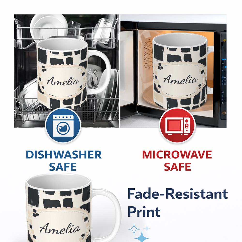 Personalized Custom Name Painterly Block Shapes Black Beige Modern Abstract Pattern Lovely 11oz Ceramic Coffee Tea Mug White Large Handle