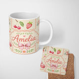 Personalized Custom Name Cute Strawberry Cherry Ribbon Bow Sweet Dessert Pattern Warm Beige 11oz Ceramic Coffee Tea Mug White Large Handle