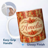 Personalized Custom Name Bold Red Gladiolus Floral Seamless Pattern on Beige Vintage Lovely 11oz Ceramic Coffee Tea Mug White Large Handle