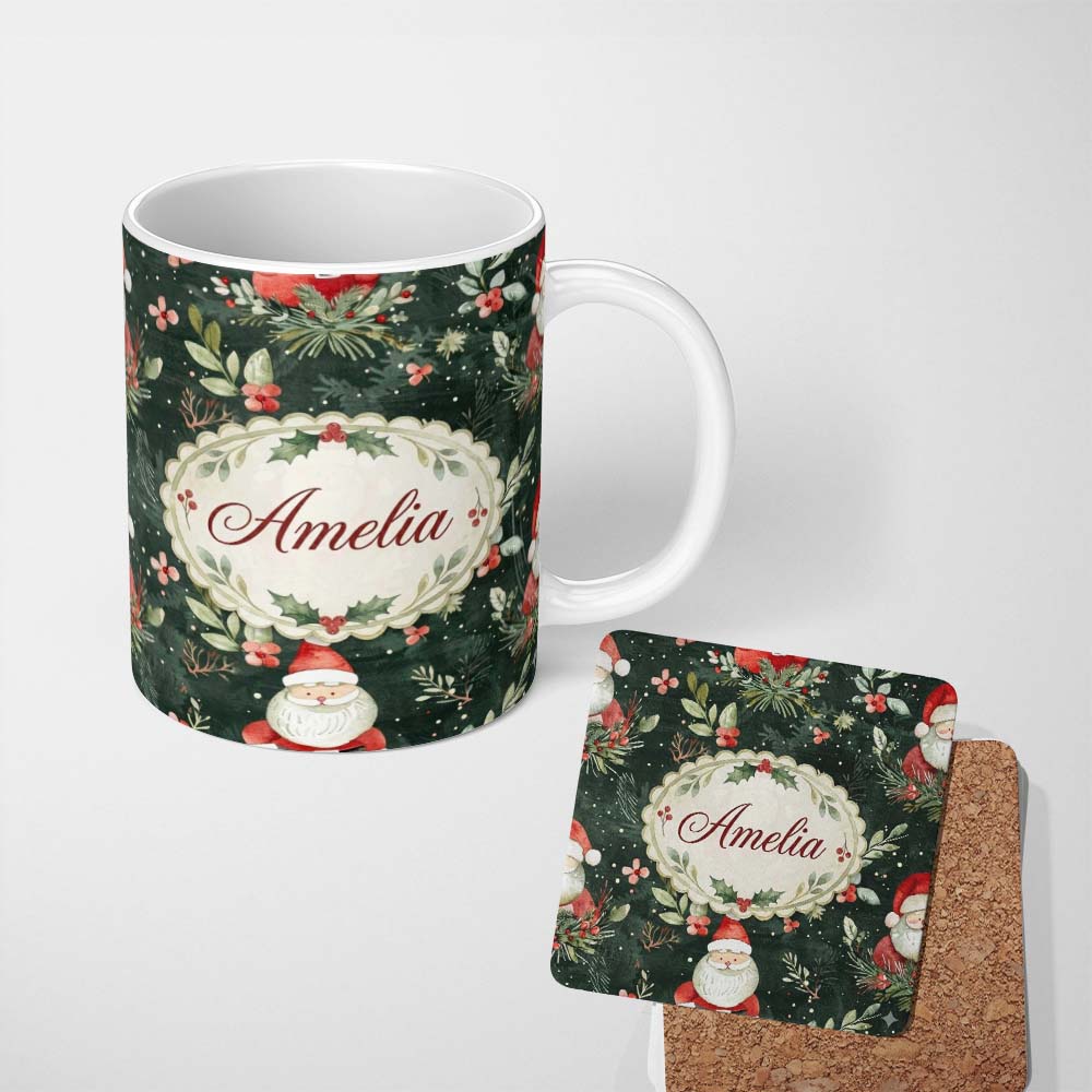 Personalized Custom Name Watercolor Santa Claus Winter Foliage Dark Green Seamless Pattern 11oz Ceramic Coffee Tea Mug White Large Handle