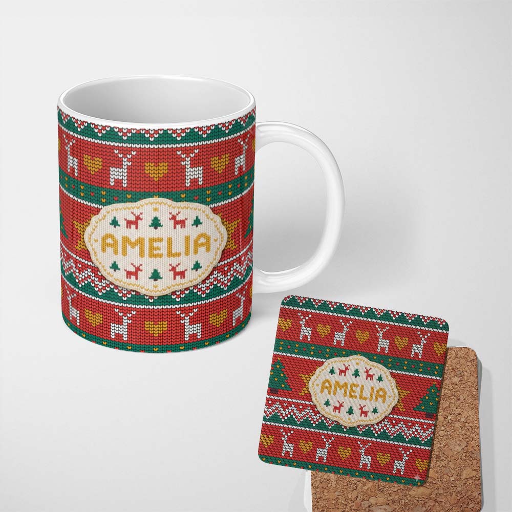Personalized Custom Name Festive Reindeer Heart Christmas Tree Nordic Knit Seamless Pattern 11oz Ceramic Coffee Tea Mug White Large Handle