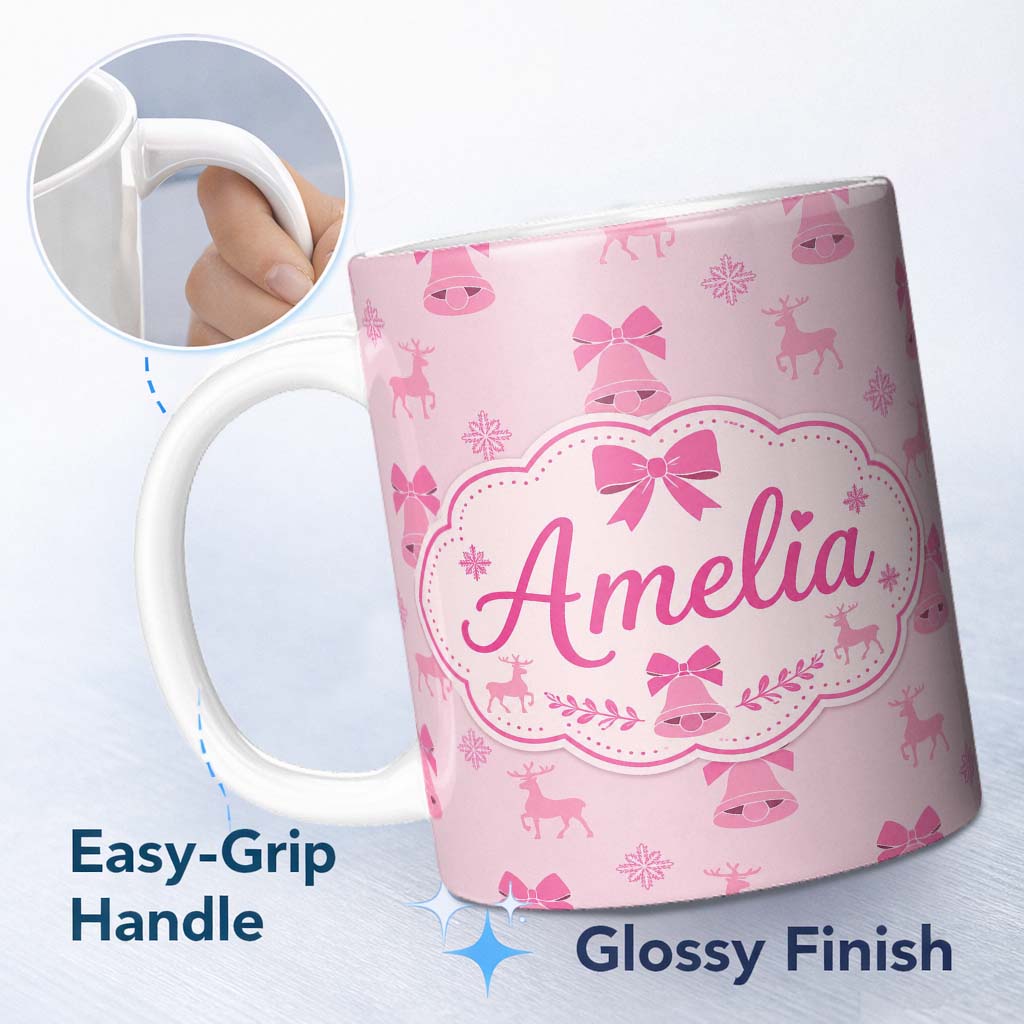 Personalized Custom Name Pink Bell Bow Reindeer Snowflake Christmas Seamless Pattern Lovely 11oz Ceramic Coffee Tea Mug White Large Handle