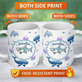 Personalized Custom Name Cute Dolphin Shark and Jellyfish Ocean Animals Light Grey Background 11oz Ceramic Coffee Tea Mug White Large Handle