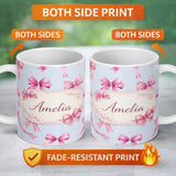 Personalized Custom Name Watercolor Pink Ribbon Bows Light Blue Background Seamless Pattern 11oz Ceramic Coffee Tea Mug White Large Handle