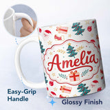 Personalized Custom Name Cute Snowman Santa Tree Gifts Stars Holiday Seamless Pattern Lovely 11oz Ceramic Coffee Tea Mug White Large Handle