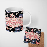 Personalized Custom Name Cute Kawaii Whale Starfish Seashell Ocean Animals Black Background 11oz Ceramic Coffee Tea Mug White Large Handle