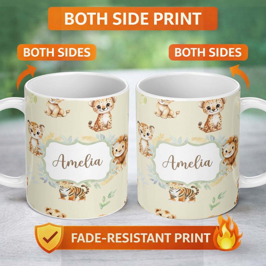 Personalized Custom Name Baby Safari Animals Leopard Tiger Lion on Soft Cream Seamless 11oz Ceramic Coffee Tea Mug White Large Handle