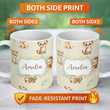 Personalized Custom Name Baby Safari Animals Leopard Tiger Lion on Soft Cream Seamless 11oz Ceramic Coffee Tea Mug White Large Handle