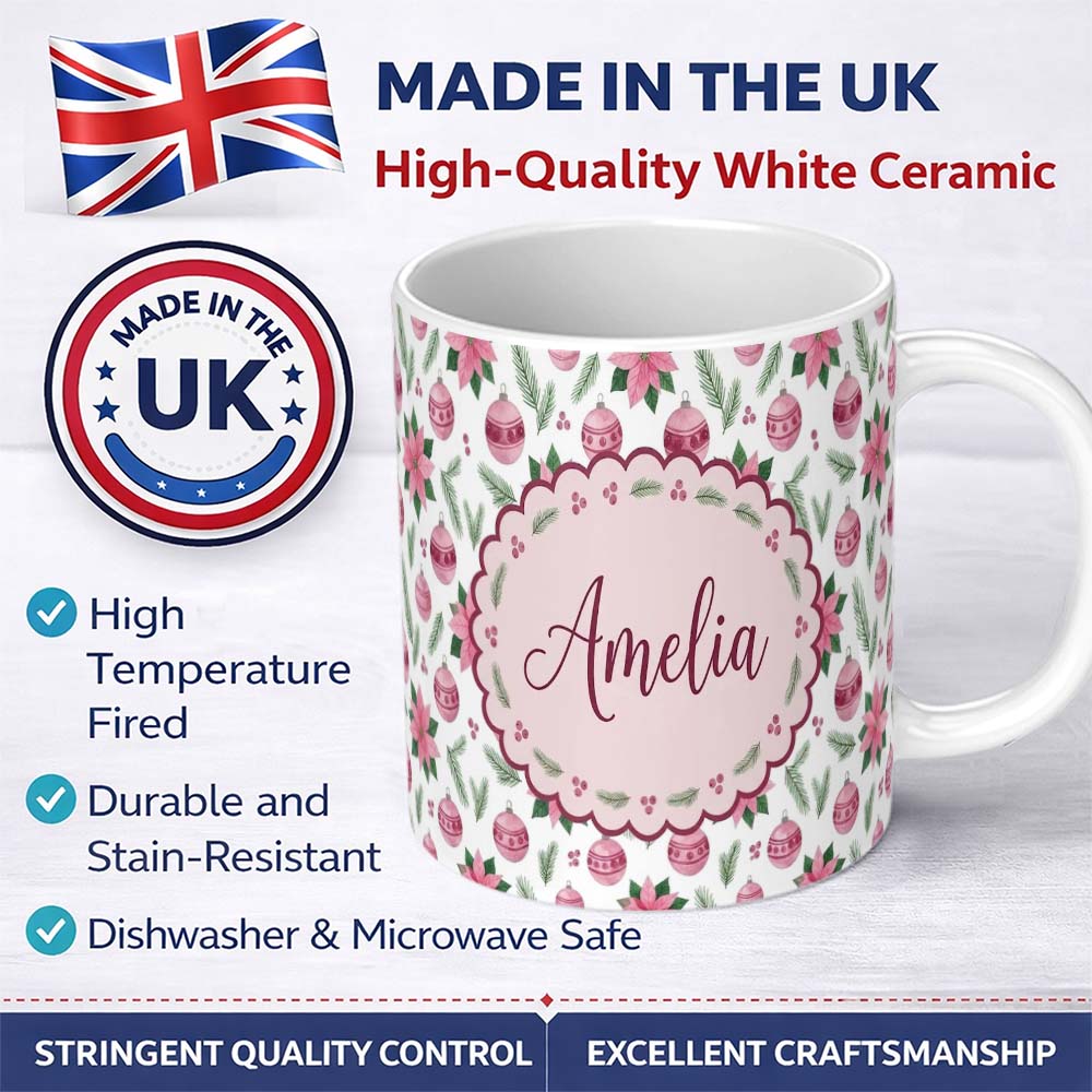 Personalized Custom Name Watercolor Pink Christmas Baubles Poinsettia Floral Seamless Pattern 11oz Ceramic Coffee Tea Mug White Large Handle