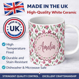 Personalized Custom Name Watercolor Pink Christmas Baubles Poinsettia Floral Seamless Pattern 11oz Ceramic Coffee Tea Mug White Large Handle