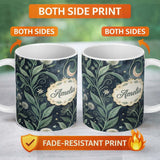 Personalized Custom Name Wild Botanical Floral Moon Night Garden Seamless Pattern Lovely 11oz Ceramic Coffee Tea Mug White Large Handle