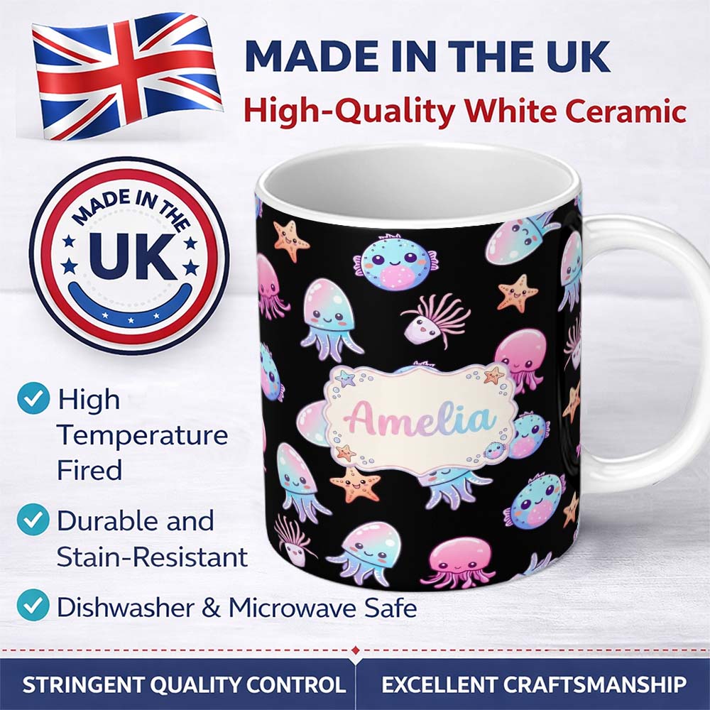 Personalized Custom Name Kawaii Jellyfish Starfish and Sea Creatures Light Grey Background 11oz Ceramic Coffee Tea Mug White Large Handle